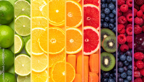 Rainbow fruit color gradient layout showcasing fresh produce vibrant nutrition and healthy eating