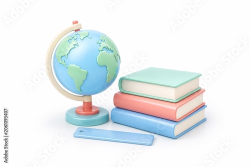 Minimal 3D classroom globe with stacked blank books and ruler on a white background. Geography and school learning concept.
