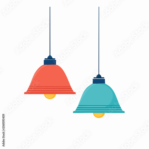 Two hanging pendant lights, one red and one blue
