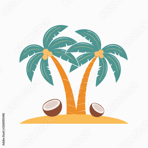 Two Palm Trees with Coconuts on a Sandy Island