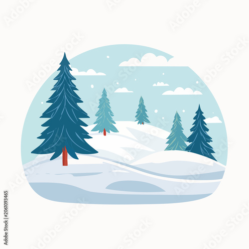 Winter Landscape with Snow-Covered Hills and Pine Trees