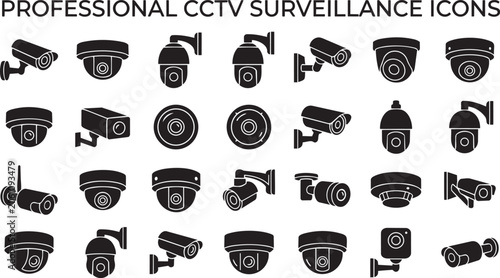 Professional CCTV Surveillance Icons: 20 Black Vector Security Camera Silhouettes