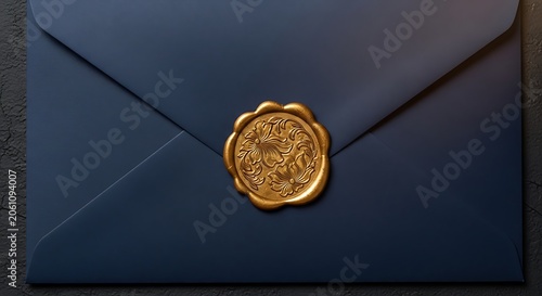 Dark blue paper envelope with a gold wax seal illustration