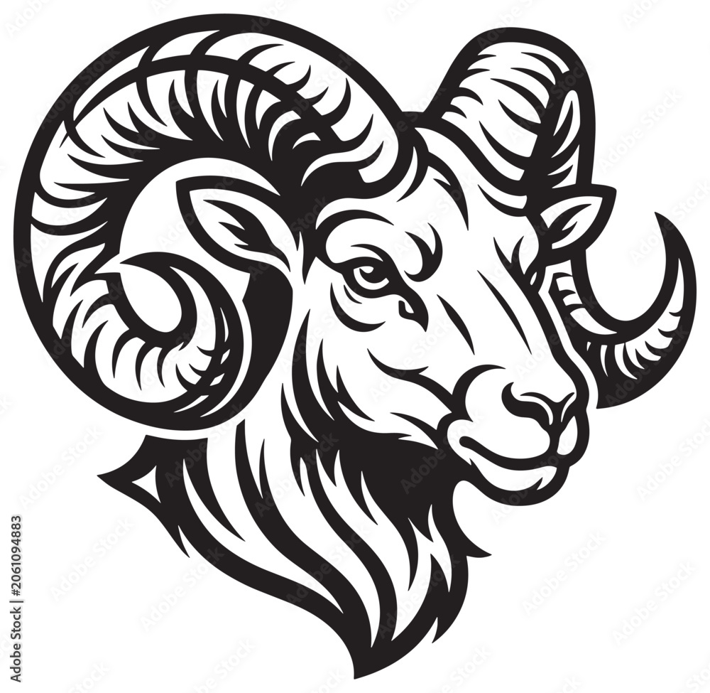 Fototapeta premium A black and white illustration of a rams head with large curved horns profile view