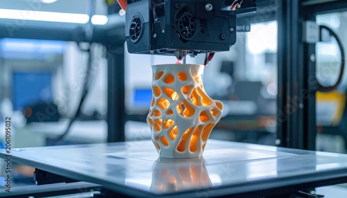 3D printer nozzle extruding orange filament for organic model.