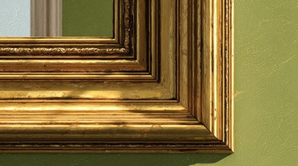 Ornate golden frame corner reflects light against a textured pastel green wall surface