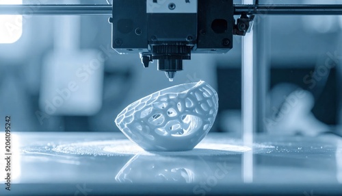 3D printer creating white geometric lattice structure in lab.