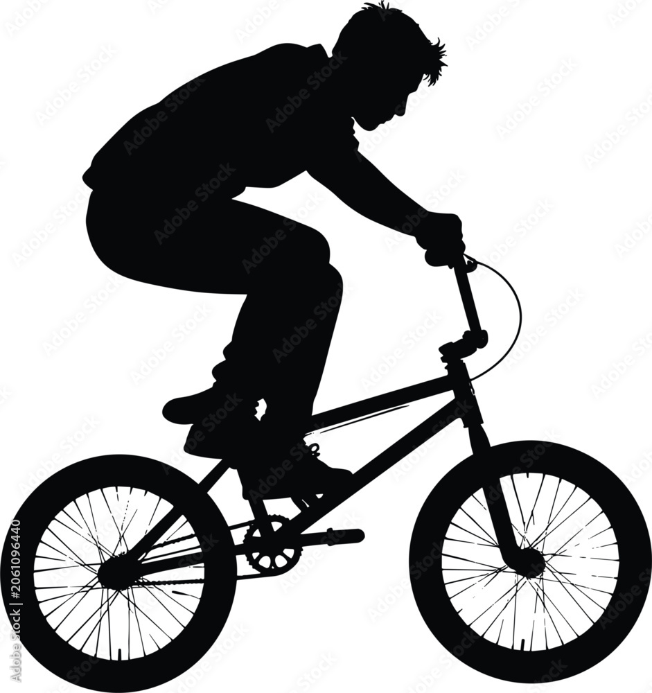 Naklejka premium Silhouette of BMX rider performing jump trick on bicycle showing balance, motion, energy, and extreme sport lifestyle against clean white background