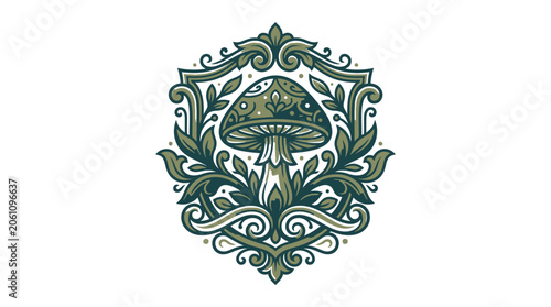 Ornate Mushroom Emblem with Leafy Accents.