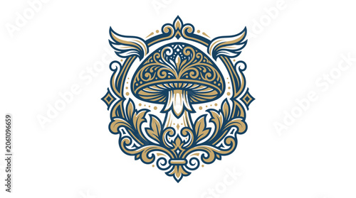 Ornate Mushroom Emblem with Wings and Decorative Flourishes.
