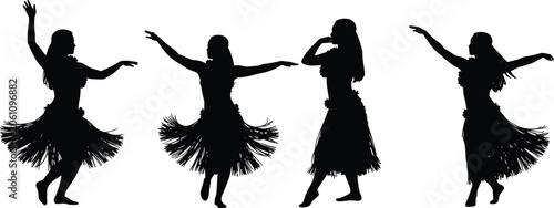 Vászonkép Silhouette of four hula dancers in traditional grass skirts performing graceful