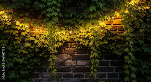 String lights hanging on a brick wall with green ivy plants illustration