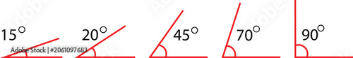 Mathematical angles vector set, 15 20 45 70 and 90 degree geometry icons