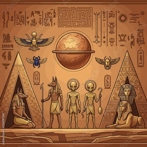 Ancient Egyptian gods stand before pyramids with hieroglyphics and planets.