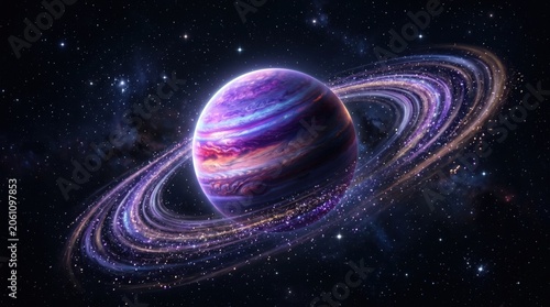 Colorful gas giant planet with glowing rings orbiting in deep space. Imaginary exoplanet in star field. Astronomy, science fiction and celestial discovery concept for scientific cosmic art.