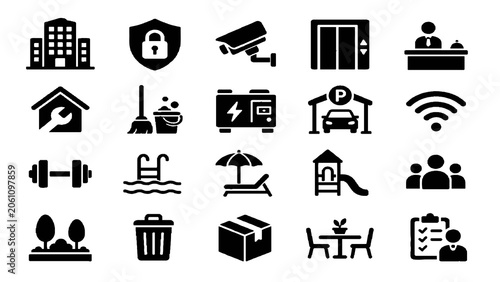 Facility Management Icon Set – Property, Security, Maintenance and Workplace Symbols
