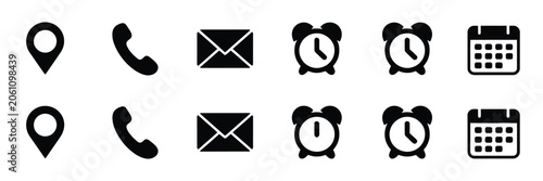 Phone, email, location, time, clock, and calendar icon set for web contact information and communication interface design projects.