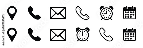 Phone, email, location, time, clock, and calendar icon set for web contact information and communication interface design projects.