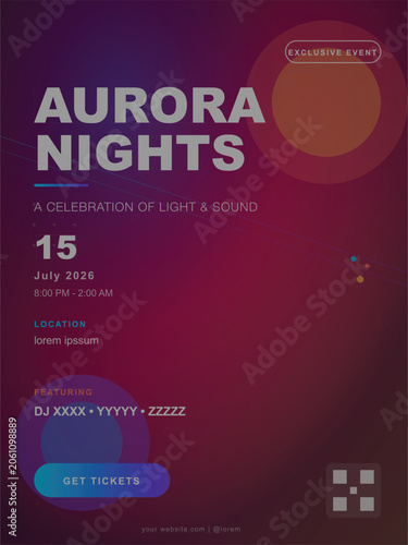 Modern aurora nights event flyer template with abstract gradient background, featuring bold typography and geometric design elements for music festivals or nightlife promotions