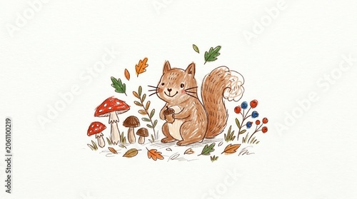 Cute squirrel holds an acorn, standing among fall leaves, red mushrooms, and berries