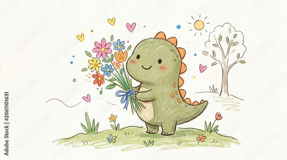 Fototapeta premium Cute green dinosaur holds a colorful flower bouquet on a grassy hill during a sunny day