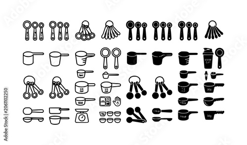 Modern measuring scoop icon pack with kitchen utensil symbols