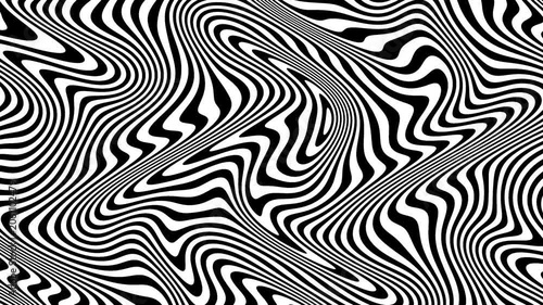 Dynamic monochrome contour distortion of flowing stripes. Abstract black and white smooth background with wavy stripes in motion. Hypnotic monochrome liquid distortion.