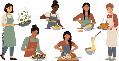 Diverse Women Cooking and Preparing Food Set Featuring Characters Stir Frying Vegetables Baking Chicken Slicing Bread and Making Salad for Culinary Graphic Designs