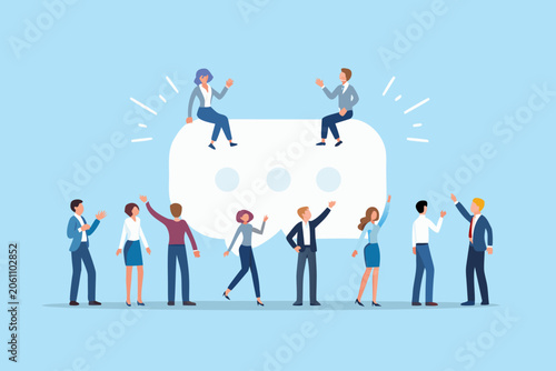 Team collaboration and communication concept with people around a speech bubble