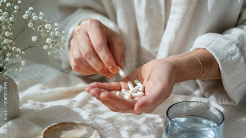 Person takes capsules with care