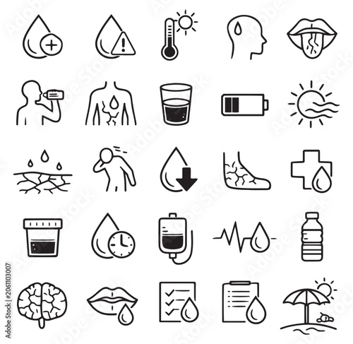 Tableau sur toile dehydration symptoms lack of water medical risk and heatstroke effects line icon