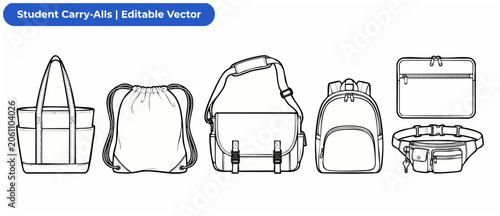 Tableau sur toile Student bag vector outline set featuring classic backpack, messenger bag, canvas tote, drawstring cinch bag, laptop sleeve, and fanny pack templates for school design mockup and fashion tech packs