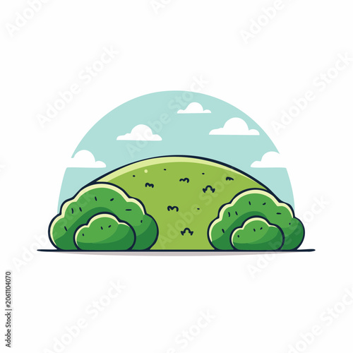 Stylized Green Hill with Bushes and Clouds