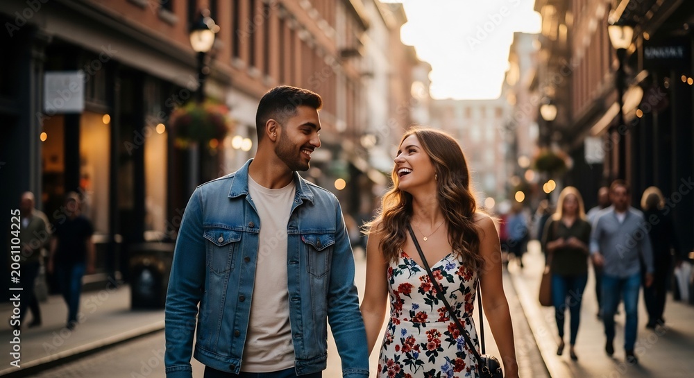 Fototapeta premium Smiling young couple looking at each other while walking on a busy city street.