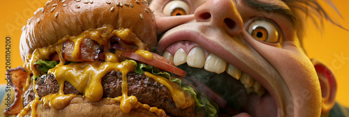 Humorous Hyper-Realistic 3D Cartoon Portrait of a Young Man Struggling to Bite an Oversized Juicy Burger, with Bright Orange Background and Studio Lighting. Generative Ai.