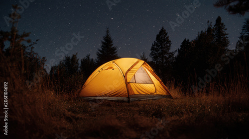 Camping tent shines under night sky