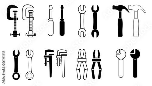 Fotografie tools spanner hammer plier pipe wrench icon set