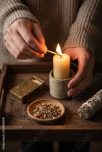 Hand Lighting Candle Tray Herbs Sage Cozy Ritual Lifestyle