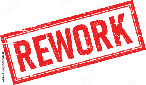 Foto Red ink rubber stamp with the word Rework centered inside a distressed rectangul