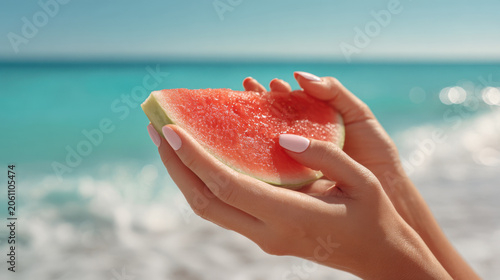 Enjoying watermelon by the beach