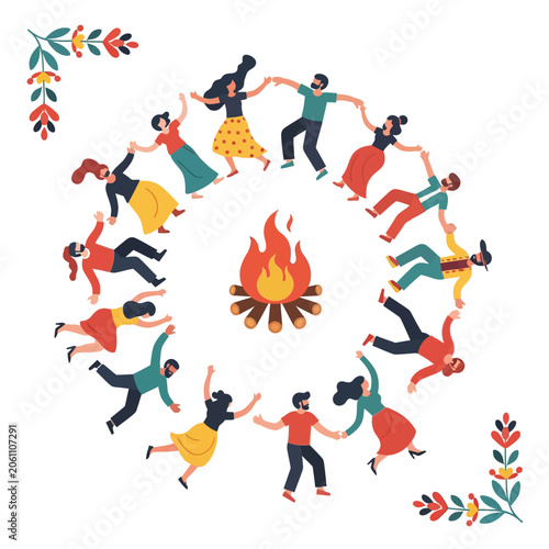Happy diverse people holding hands and dancing in a large circle around a bonfire during a summer solstice festival vector illustration
