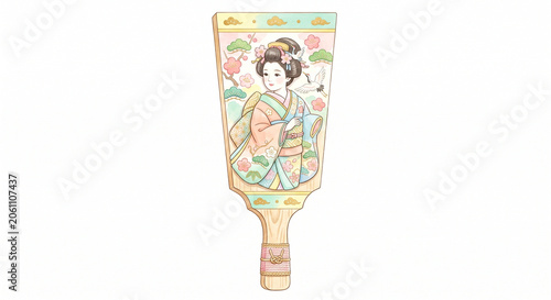 Japanese Hagoita Battledore Paddle New Year Traditional Toy Watercolor Illustration