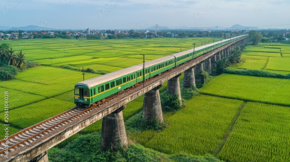 Fototapeta premium Green Train Crossing a Picturesque Rural Railway Bridge