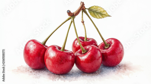 Fresh Red Cherries on Branch with Leaf, Realistic Watercolor Illustration Isolated on White Background