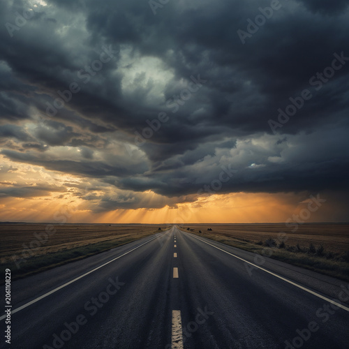 Dramatic Storm Clouds Over Empty Highway at Sunset with Sun Rays Breaking Through