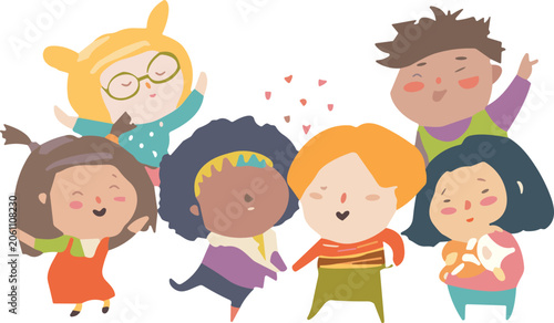 PrintCute Multiethnic Group Of Happy Kids Celebrating Friendship Together Featuring Adorable Cheerful Diverse Children Cartoon Vector Illustration