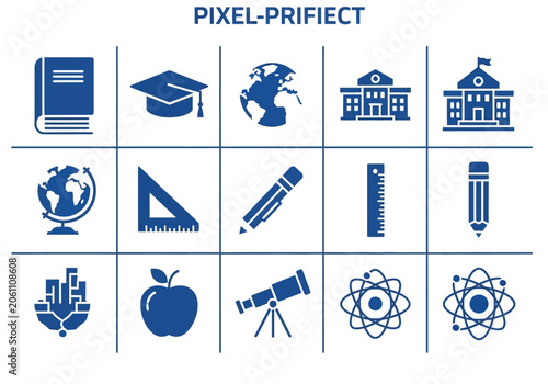 Dark blue education science and academic study icons.