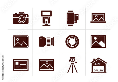 Dark brown photography and visual art gallery icon set