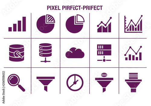 Dark purple data and analytics flat solid icon set.