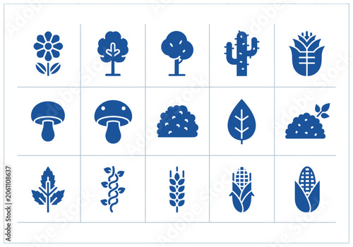 Dark blue nature and plants flat solid icon set.